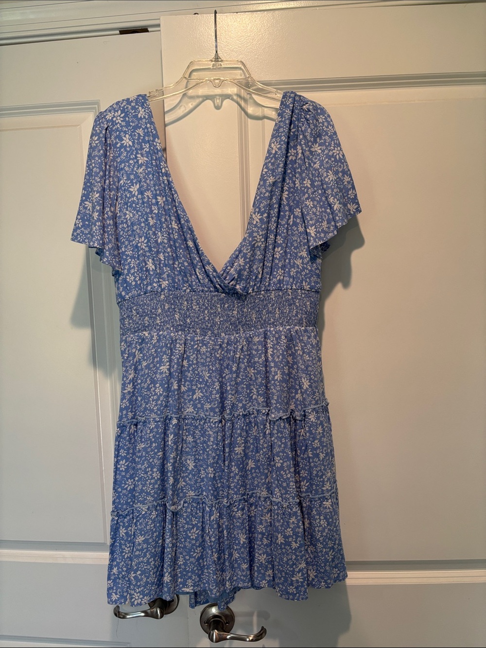 Altar'd State Sky Blue Floral V-Neck Smocked Tiered Mini Dress
